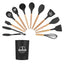 Set 12 ustensile de gatit din silicon, maner rezistent din bambus negre