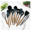 Set 12 ustensile de gatit din silicon, maner rezistent din bambus negre