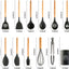Set 12 ustensile de gatit din silicon, maner rezistent din bambus negre