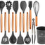 Set 12 ustensile de gatit din silicon, maner rezistent din bambus negre