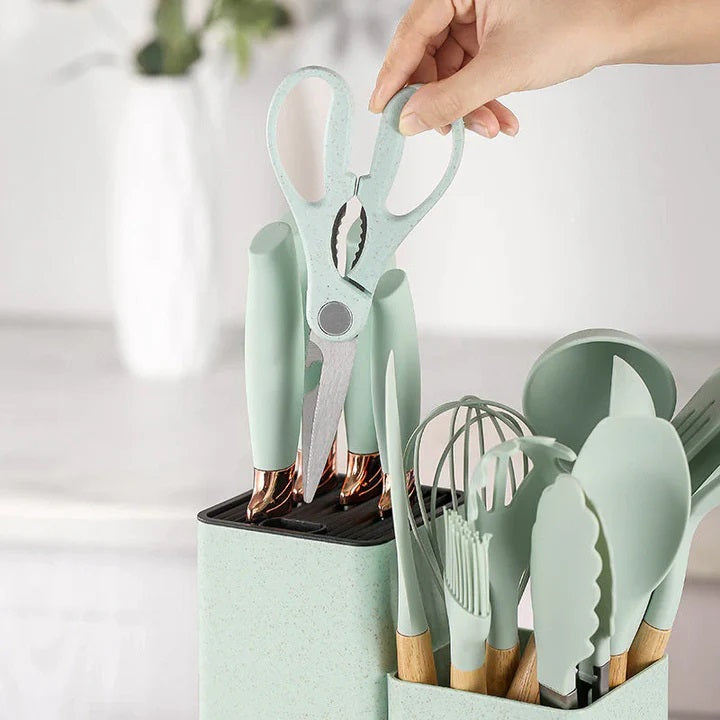 Set 19 Ustensile pentru Bucatarie din Silicon,cu Maner de  Lemn si Suport
