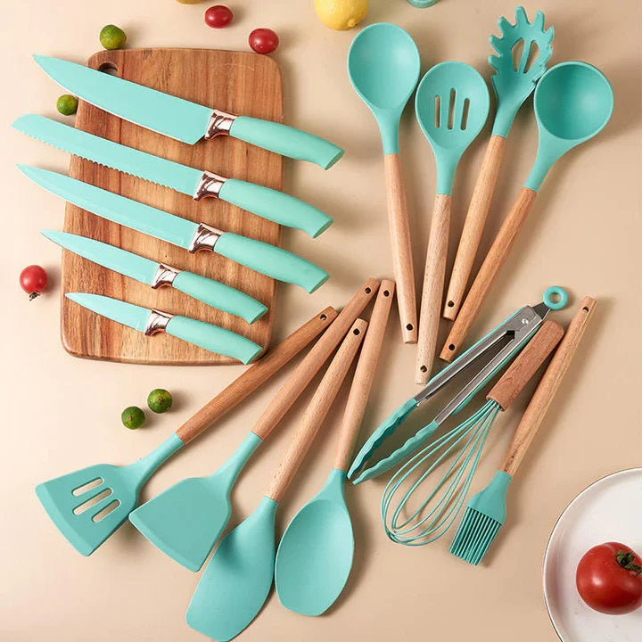 Set 19 Ustensile pentru Bucatarie din Silicon,cu Maner de  Lemn si Suport