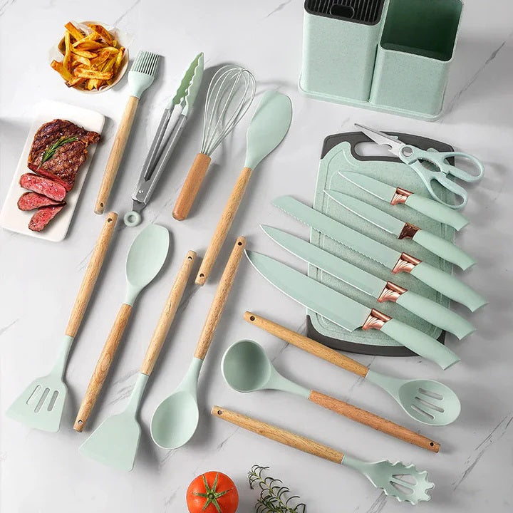 Set 19 Ustensile pentru Bucatarie din Silicon,cu Maner de  Lemn si Suport