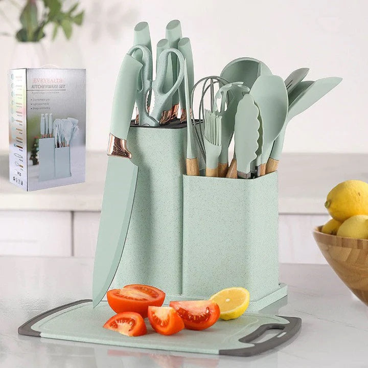Set 19 Ustensile pentru Bucatarie din Silicon,cu Maner de  Lemn si Suport