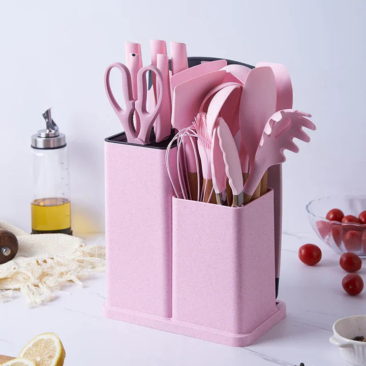 Set 19 Ustensile pentru Bucatarie din Silicon,cu Maner de  Lemn si Suport