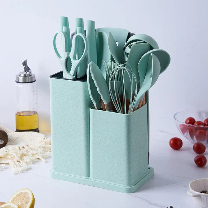 Set 19 Ustensile pentru Bucatarie din Silicon,cu Maner de  Lemn si Suport