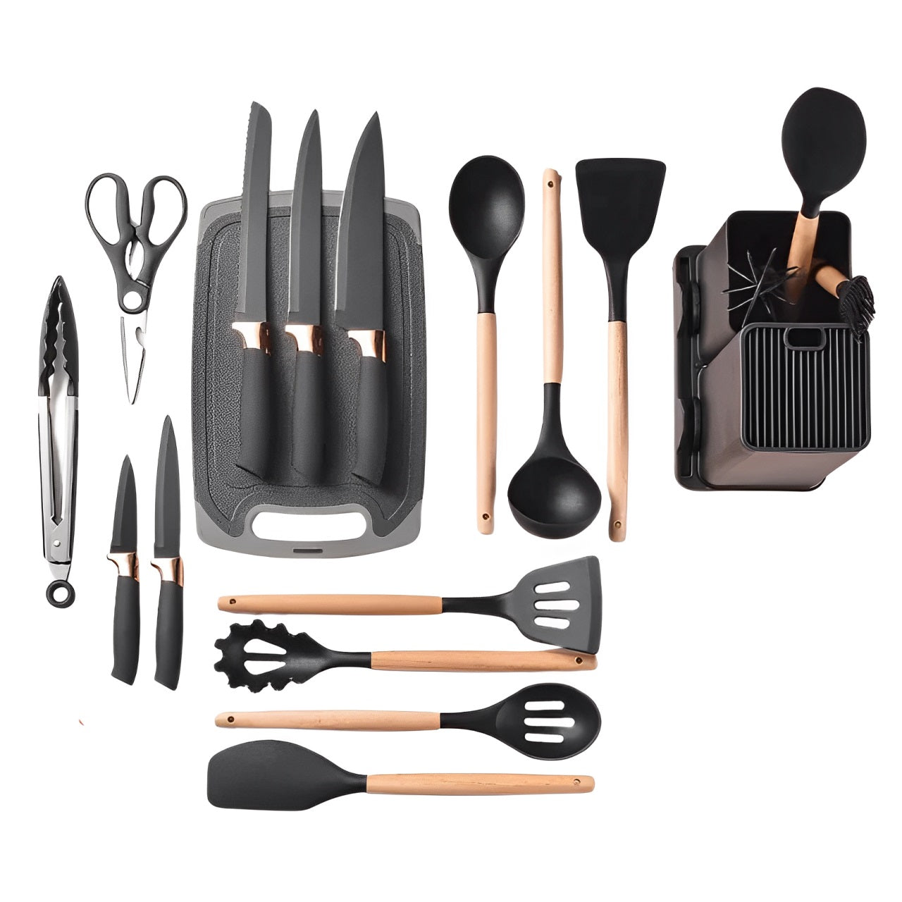 Set 19 Ustensile pentru Bucatarie din Silicon,cu Maner de  Lemn si Suport