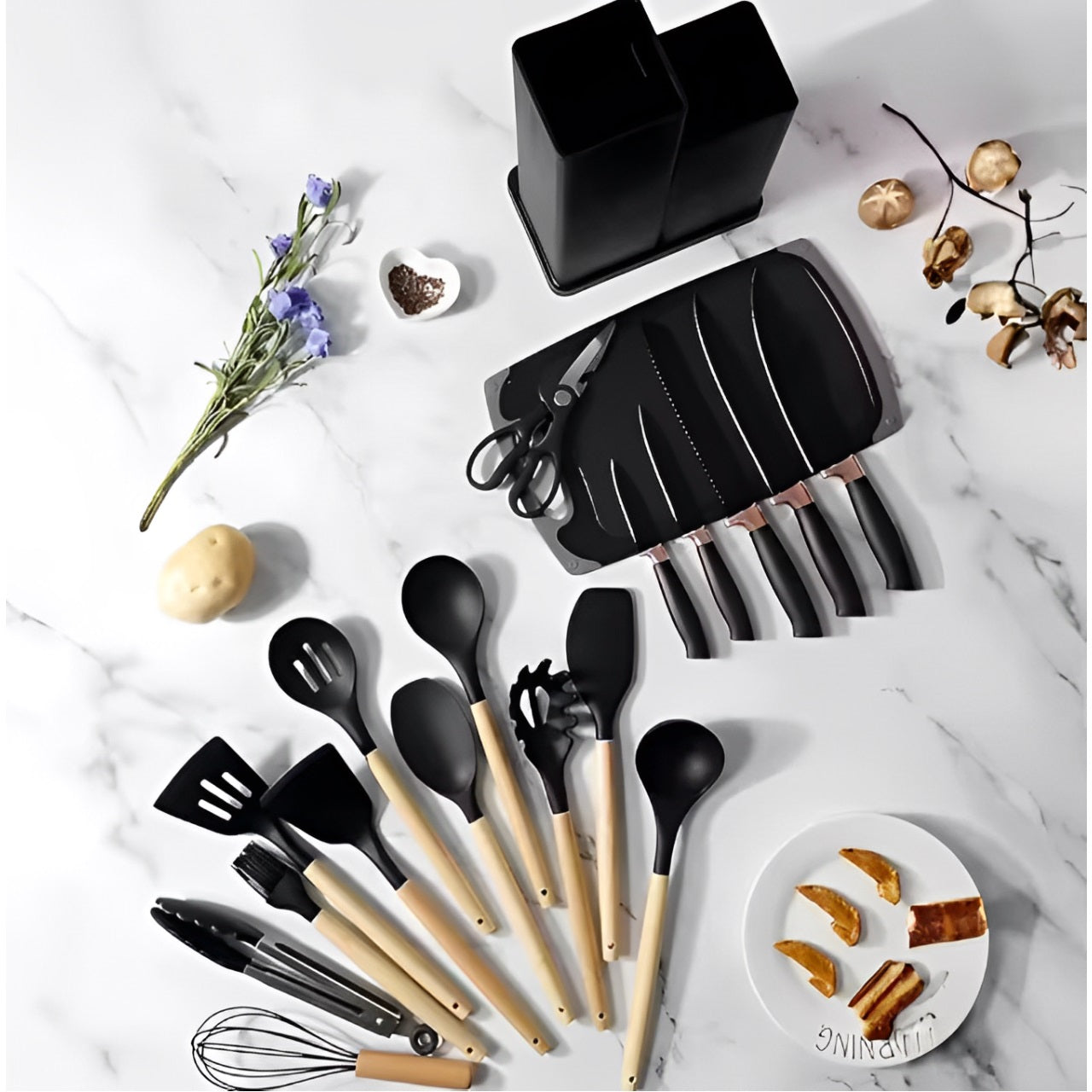 Set 19 Ustensile pentru Bucatarie din Silicon,cu Maner de  Lemn si Suport