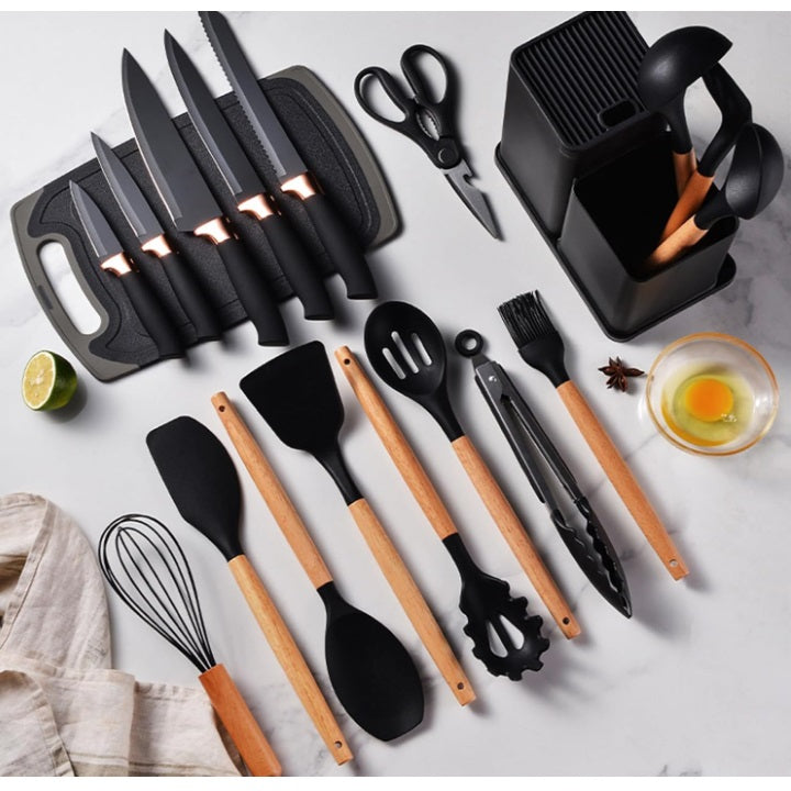 Set 19 Ustensile pentru Bucatarie din Silicon,cu Maner de  Lemn si Suport