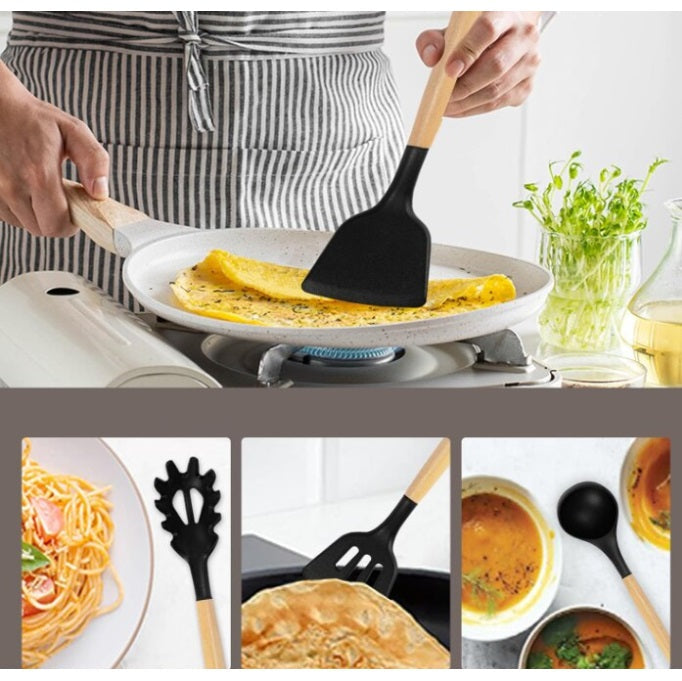 Set 19 Ustensile pentru Bucatarie din Silicon,cu Maner de  Lemn si Suport