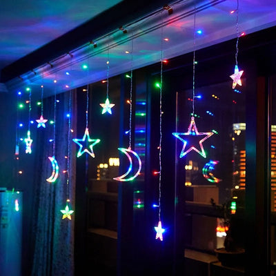 Instalatie Craciun LED interior - exterior, perdea, Luna si Stele, Lumina Multicolor